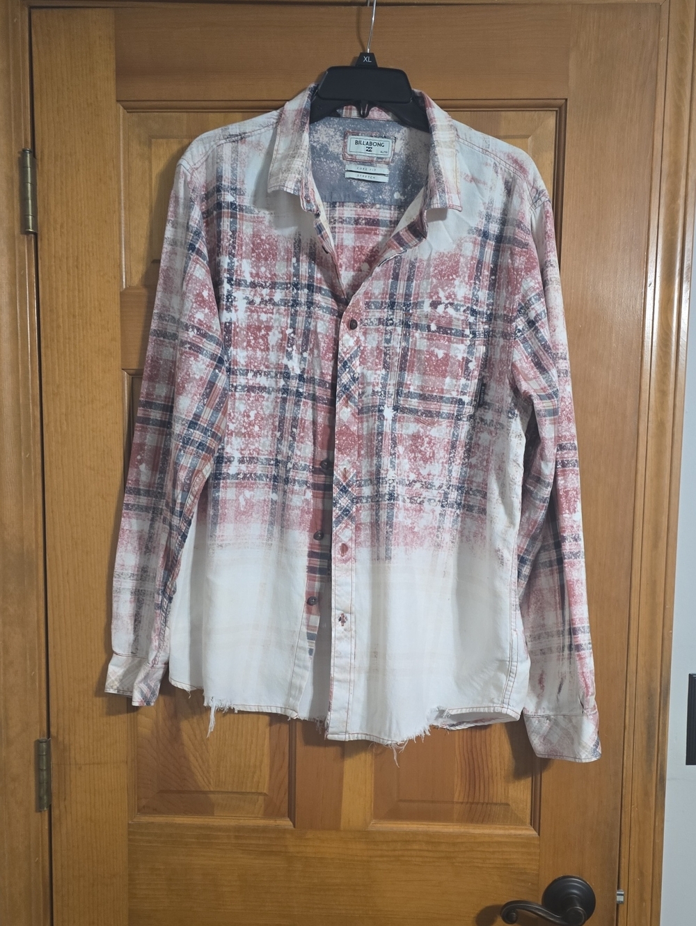 Upcylcled Bleached Billabong White and Red Plaid Button-Up Shirt